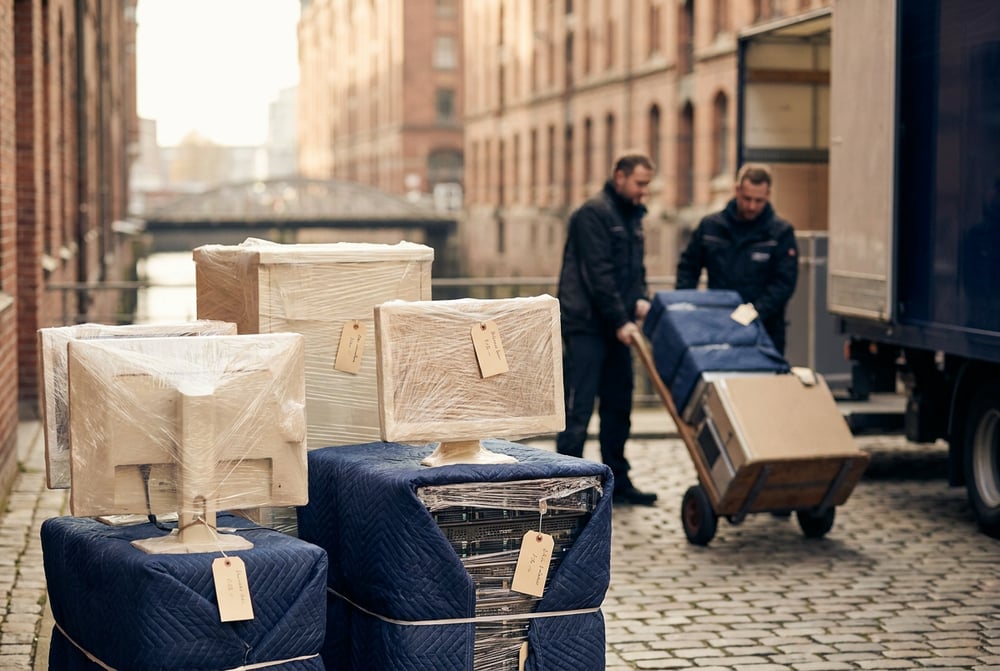 Beschriftete und verpackte IT-Hardware, bereit zum Transport