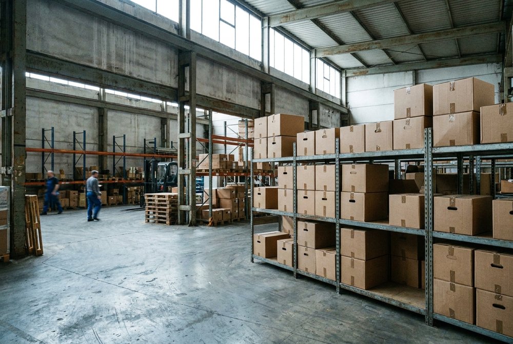 Regalsystem mit beschrifteten Umzugskartons im Lager
