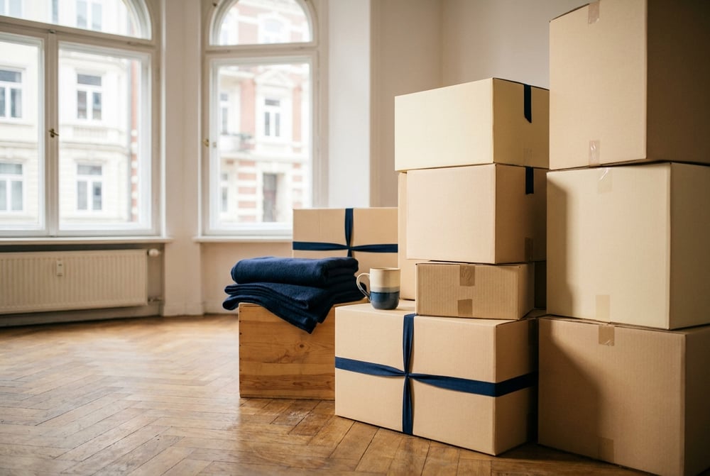 Sorgfältig gepackte Umzugskartons in einer hellen Altbauwohnung