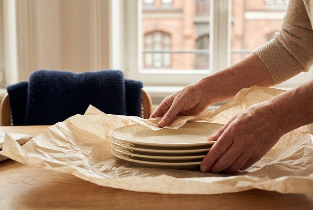 Sorgsam in Seidenpapier eingewickeltes Porzellan
